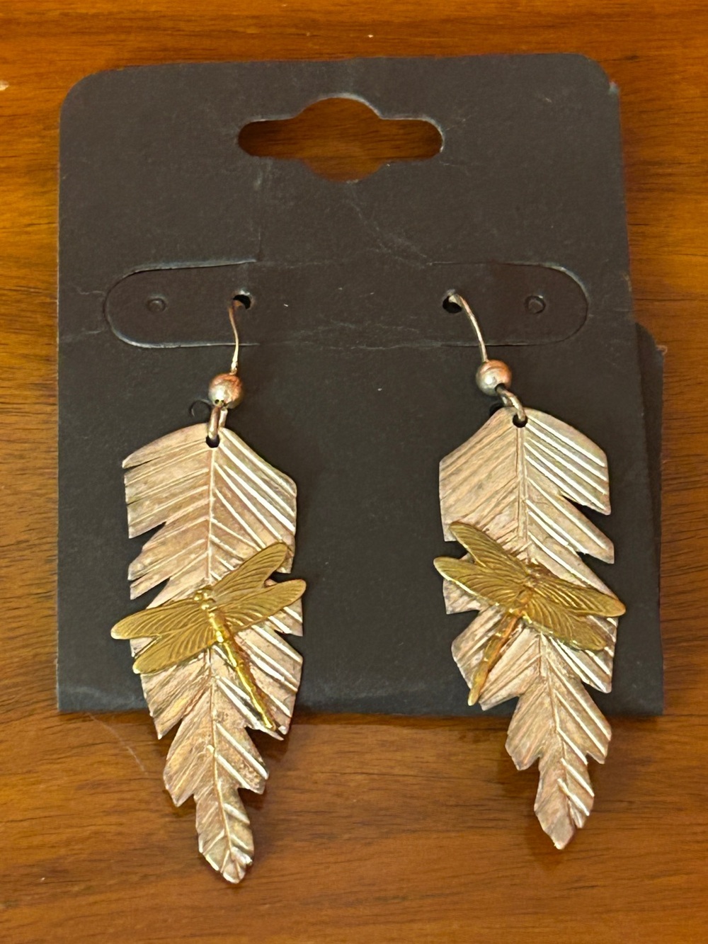 Handmade Sterling & Brass Dragonfly Leaf Dangle Earrings